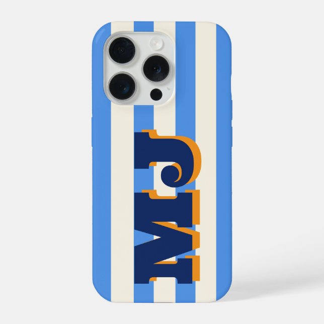 Personalised Bold Monogram, Blue Stripe iPhone Case (Back)