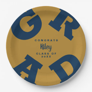 Personalised Bold Navy and Gold Graduation Paper Plate