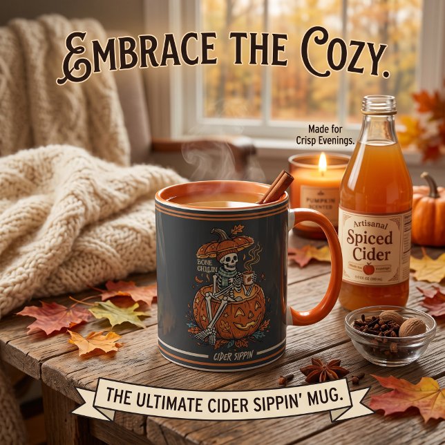 Personalised Bone Chillin Cider Sippin Skeleton Mug (Personalized Bone Chillin’ Cider Sippin’ mug for cozy fall nights.)