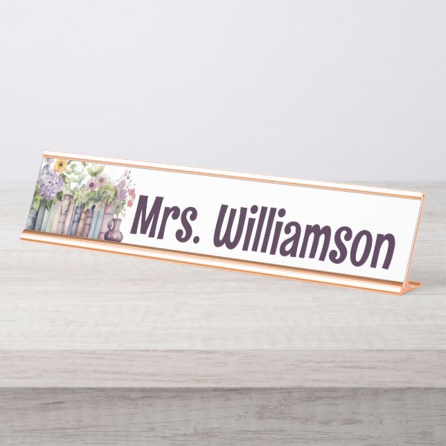 Personalised Book Flower Classroom Teacher Desk Name Plate (Front)