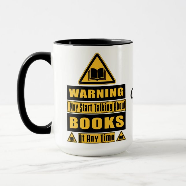 Personalised Book Lover's Warning Sign   Mug (Left)