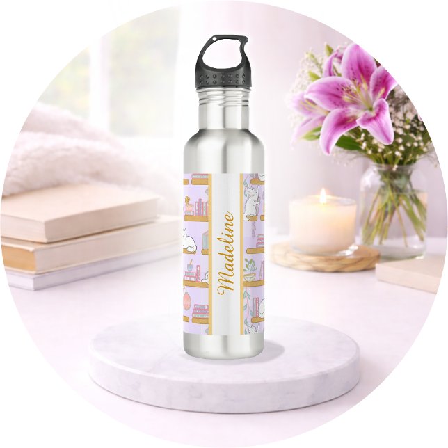 Personalised Bookish Girly Cat Library Name Purple 710 Ml Water Bottle (Creator Uploaded)