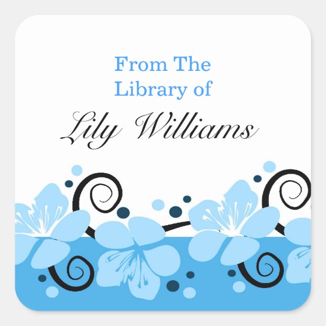 Personalised Bookplates -  Blue Flowers Square Sticker (Front)