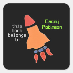 Personalised bookplates for kids - neon rocket square sticker
