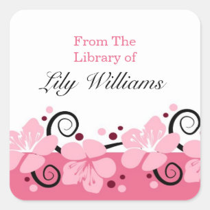 Personalised Bookplates - Pink Flowers Square Sticker