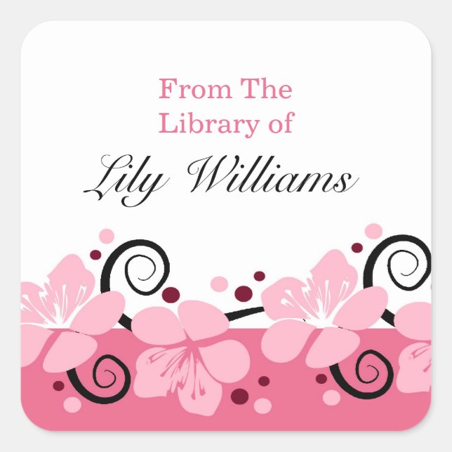 Personalised Bookplates - Pink Flowers Square Sticker (Front)