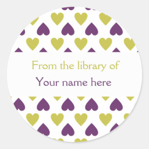 Personalised Bookplates Purple Green Hearts Classic Round Sticker