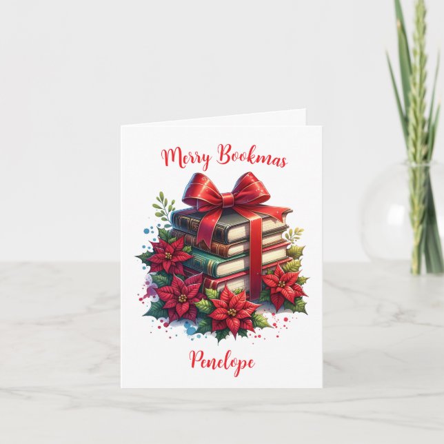 Personalised Books and Poinsettias Merry Bookmas Card (Front)