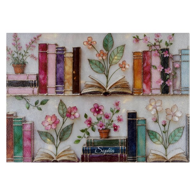 Personalised Bookshelf Floral Cutting Board Gift (Front)
