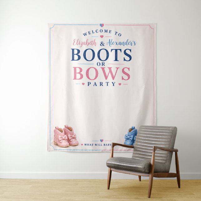 Personalised Boots or Bows Gender Reveal Backdrop Tapestry (In Situ)