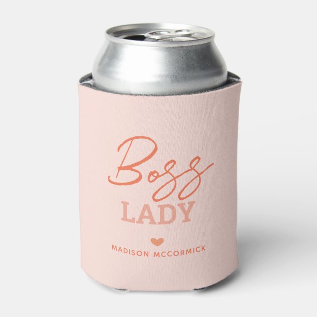 Personalised Boss Lady Pastel Pink Orange Script Can Cooler (Can Front)