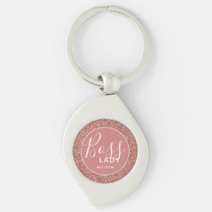 Personalised Boss Lady Pink Rose Gold Glitter Key Ring