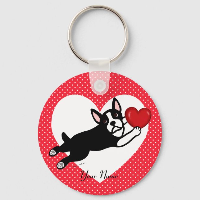 Personalised Boston Terrier and Heart Key Ring (Front)
