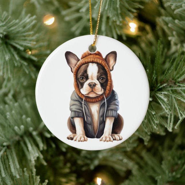 Personalised Boston Terrier Dog Art Ceramic Tree Decoration (Tree)