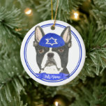 Personalised Boston Terrier Hanukkah Yarmulke Blue Ceramic Tree Decoration<br><div class="desc">Celebrate your favourite mensch on a bench with personalised ornament! This design features a sweet illustration of a black and white boston terrier dog with a blue and white yarmulke. For the most thoughtful gifts, pair it with another item from my collection! To see more work and learn about this...</div>