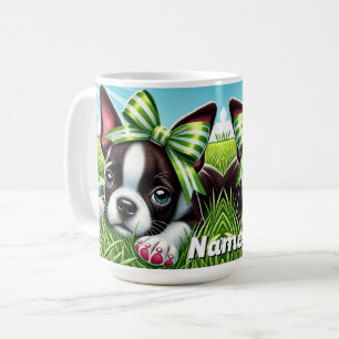 Personalised Boston Terrier Puppy with Green Bow Coffee Mug