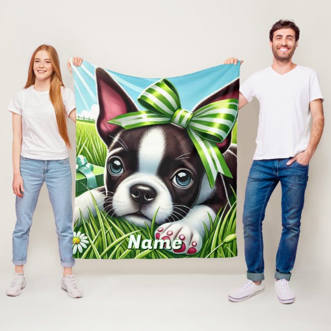Personalised Boston Terrier Puppy with Green Bow Fleece Blanket (In Situ)