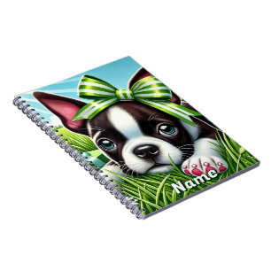 Personalised Boston Terrier Puppy with Green Bow Notebook