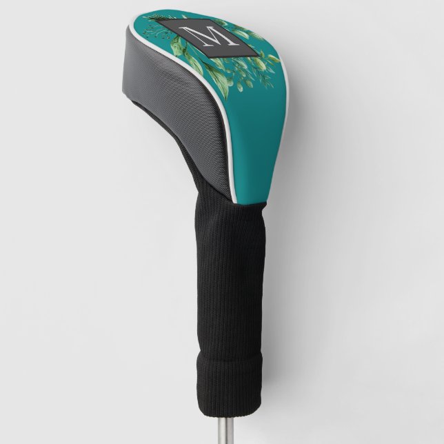 Personalised Botanical Greenery Turquoise Monogram Golf Head Cover (Angled)