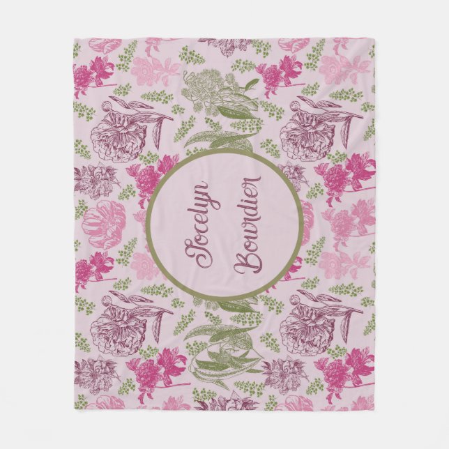Personalised Botanical Pink Peony Eucalyptus  Fleece Blanket (Front)