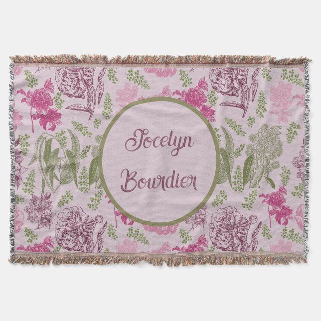 Personalised Botanical Pink Peony Eucalyptus  Throw Blanket (Front)