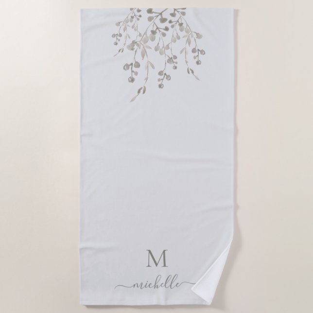 Personalised Botanical Watercolor Monogram Grey Beach Towel (Front)