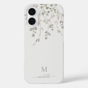Personalised Botanical Watercolor Monogram Grey iPhone 16 Case