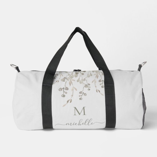 Personalised Botanical Watercolor Monogram Grey Duffle Bag (Front)