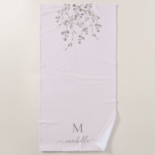 Personalised Botanical Watercolor Monogram Pink Beach Towel (Front)