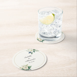Personalised Botanical White Floral Wedding Round Paper Coaster