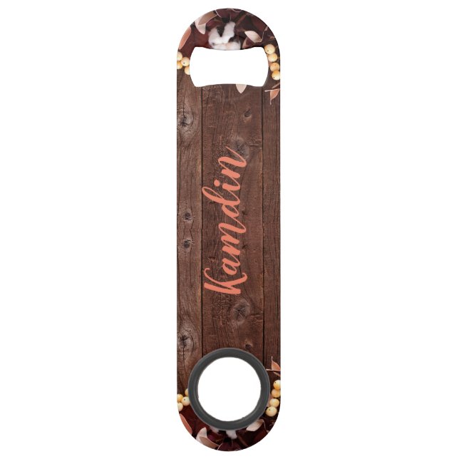 Personalised Bottle Opener Cotton Branch on Dark W (Front)