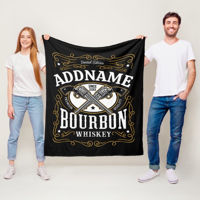 Personalised Bourbon Vintage Guns Whiskey Label Fleece Blanket (In Situ)