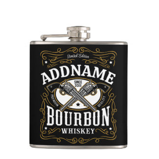 Personalised Bourbon Vintage Guns Whiskey Label Hip Flask