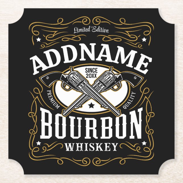 Personalised Bourbon Vintage Guns Whiskey Label Paper Coaster (Front)