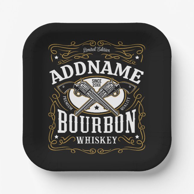 Personalised Bourbon Vintage Guns Whiskey Label Paper Plate (Front)