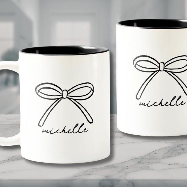 Personalised Bow Name Monogram Two-Tone Coffee Mug (Minimalist Hand Drawn Bow Name Two-Tone Coffee Mug)