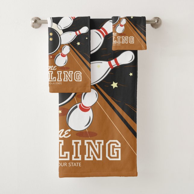 Personalised Bowler Strike Bowling Lanes Ball Pins Bath Towel Set (Insitu)