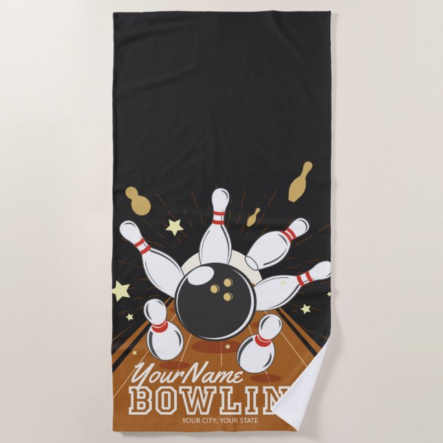 Personalised Bowler Strike Bowling Lanes Ball Pins Beach Towel (Front)
