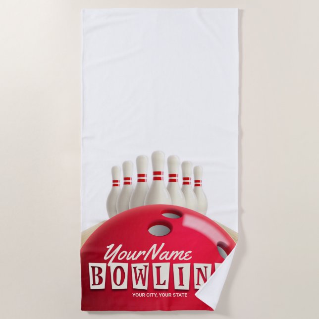 Personalised Bowling Ball Lanes Pins Retro League Beach Towel (Front)