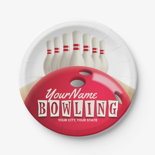 Personalised Bowling Ball Lanes Pins Retro League Paper Plate (Front)