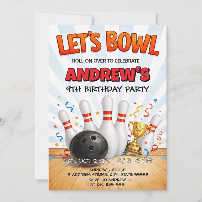 Personalised Bowling Birthday Party Invitation (Front)