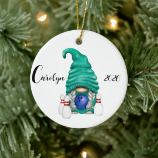Personalised Bowling Gnome Christmas  Ceramic Tree Decoration
