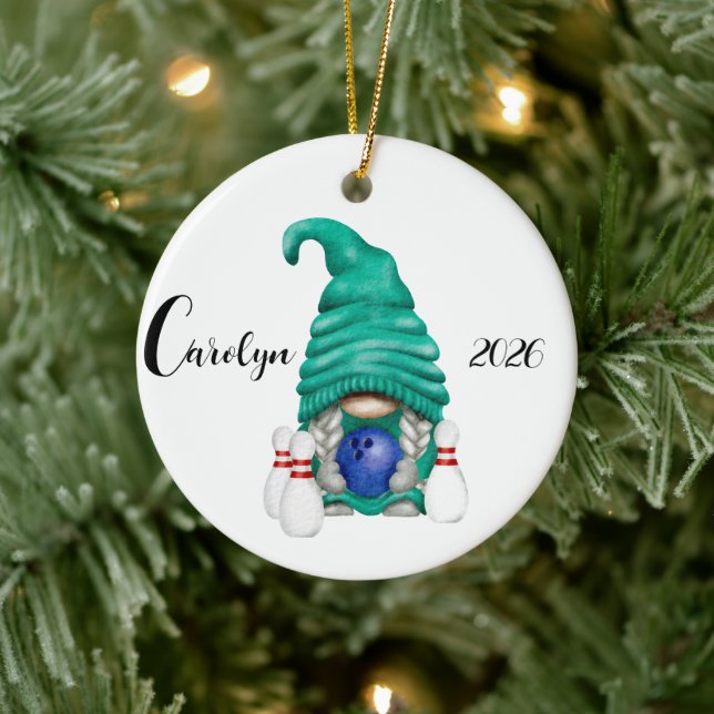 Personalised Bowling Gnome Christmas  Ceramic Tree Decoration (Tree)