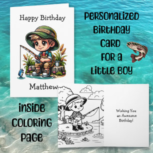 Personalised Boy Fishing   Colouring Page Birthday Card
