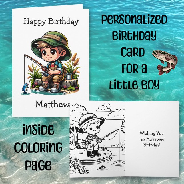 Personalised Boy Fishing | Colouring Page Birthday Card (Creator Uploaded)