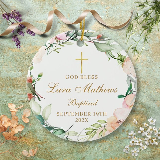 Personalised Boy Girl Baptism Roses Floral Ceramic Tree Decoration (Creator Uploaded)