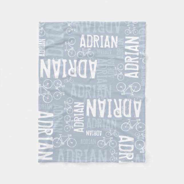 Personalised Boy Name and Bikes Dusty Blue Fleece Blanket (Front)