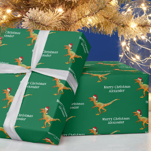 Personalised Boy Name Christmas Dinosaur Raptor Wrapping Paper