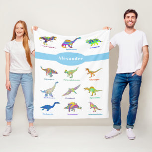 Personalised Boy Name Colourful Dinosaurs Blue Fleece Blanket