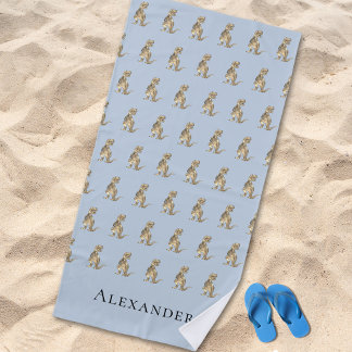 Personalised Boy Name Dinosaur Blue Beach Towel